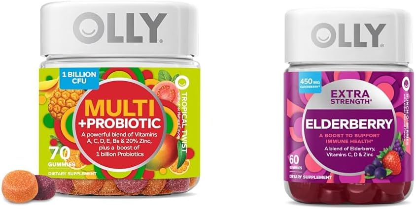 OLLY Adult Multivitamin Gummy με προβιοτικά, 1 δις CFUs, 70 Count and Extra Strength Elderberry Gummies, ανοσοποιητική υποστήριξη, 450mg, 60 Count