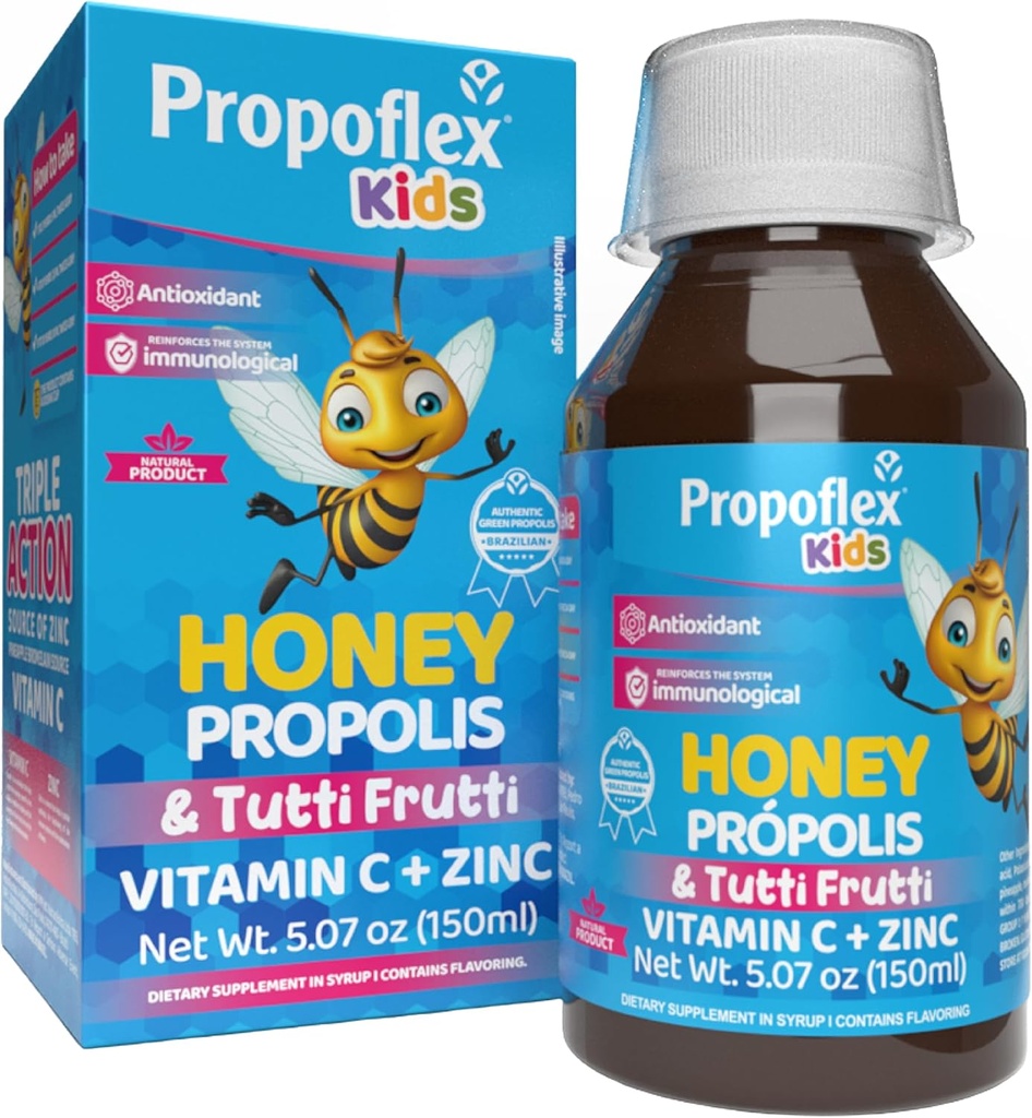 Beelife Bee Propolis Cough Syrup Kids- Triple-Action - Φυσικό Σιρόπι, Βραζιλιάνικο Πράσινο Πρόπολη, Ψευδάργυρος, Βρομελαΐνη, Βιταμίνη C- Υποστήριξη Ανοσία & Ανάκτηση - από τη Βραζιλία, Tutti Fruit Flavor, 150 ml