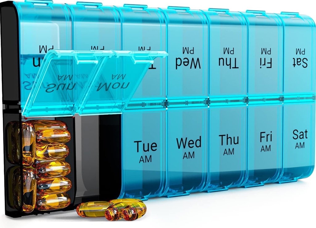 7 Gün Ekstra Büyük Pill Organizer 2 Zaman Bir Gün, Haftalık Pill Box Günde Zaman, XL AM PM Pill Case, Overscale Daily Medicine Organizer for Vitamin, Big Pill Konteyner (Cyan)