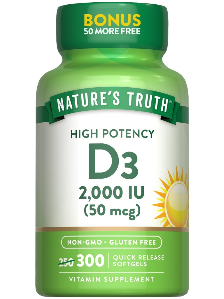 Doğanın Gerçek Vitamin D3 2000 IU | 300 Softgels | Yüksek Potency Formula | Non-GMO & Gluten Free Supplement