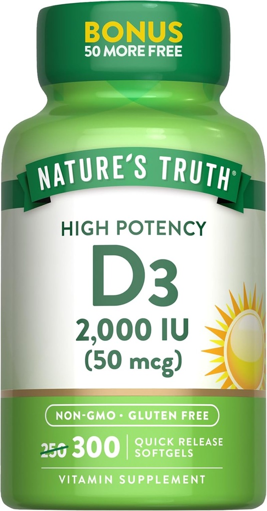 Doğanın Gerçek Vitamin D3 2000 IU | 300 Softgels | Yüksek Potency Formula | Non-GMO & Gluten Free Supplement