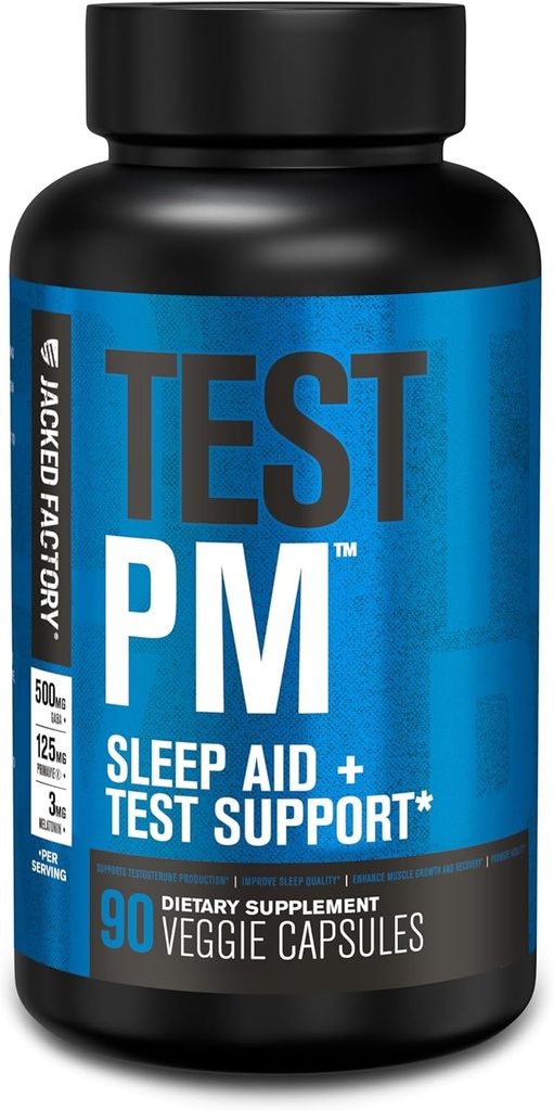 Jacked Factory Test PM Testosterone Booster & Sleep Aid Supplement for Men, Promote Recovery, Muscle Growth, 90 Natural Veggie Pills - 60 Count (Pack of 1)