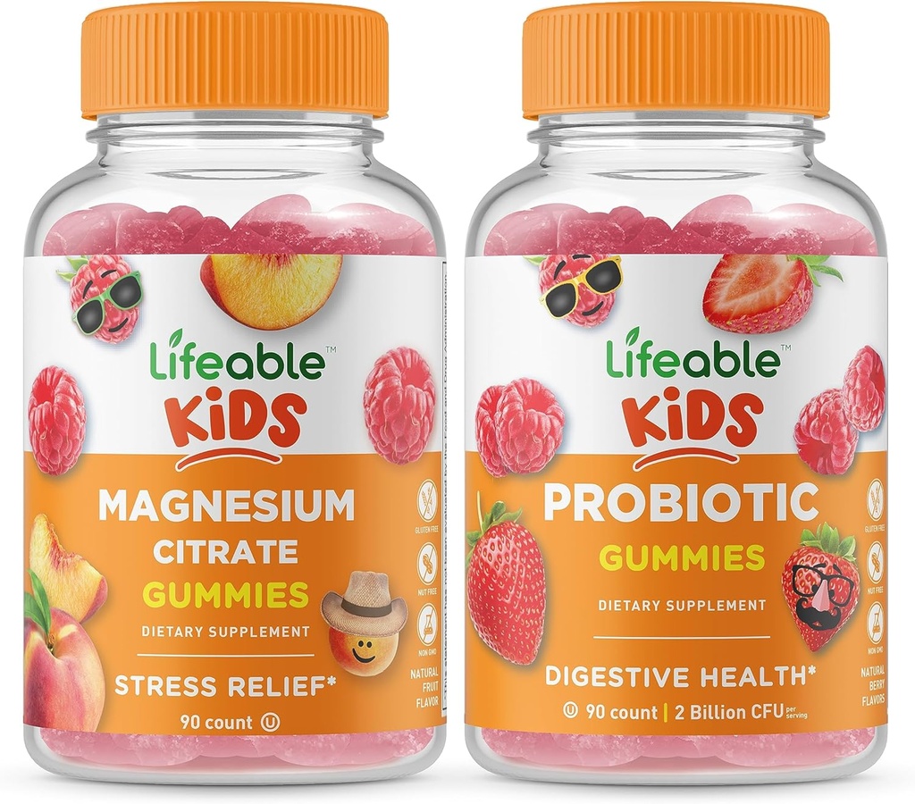 Lifeable Magnezyum Citrate Kids + Probiyotik 2 Milyar CFU Kids, Gummies Sche - Great Tasting, Vitamin Supplement, Gluten Free, GMO Free, Chewable Gummy