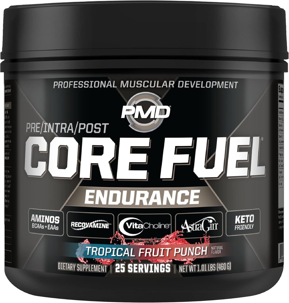 PMD Sports Core Fuel Endurance, Performance & Recovery - BCAAs, EAAs, Beta Alanine, Betaine Anhidrus, Glutamine, Electrolytes - Kas Büyüme, Güçlü - Stim Free, Tropikal Meyveler (25 Hizmet)