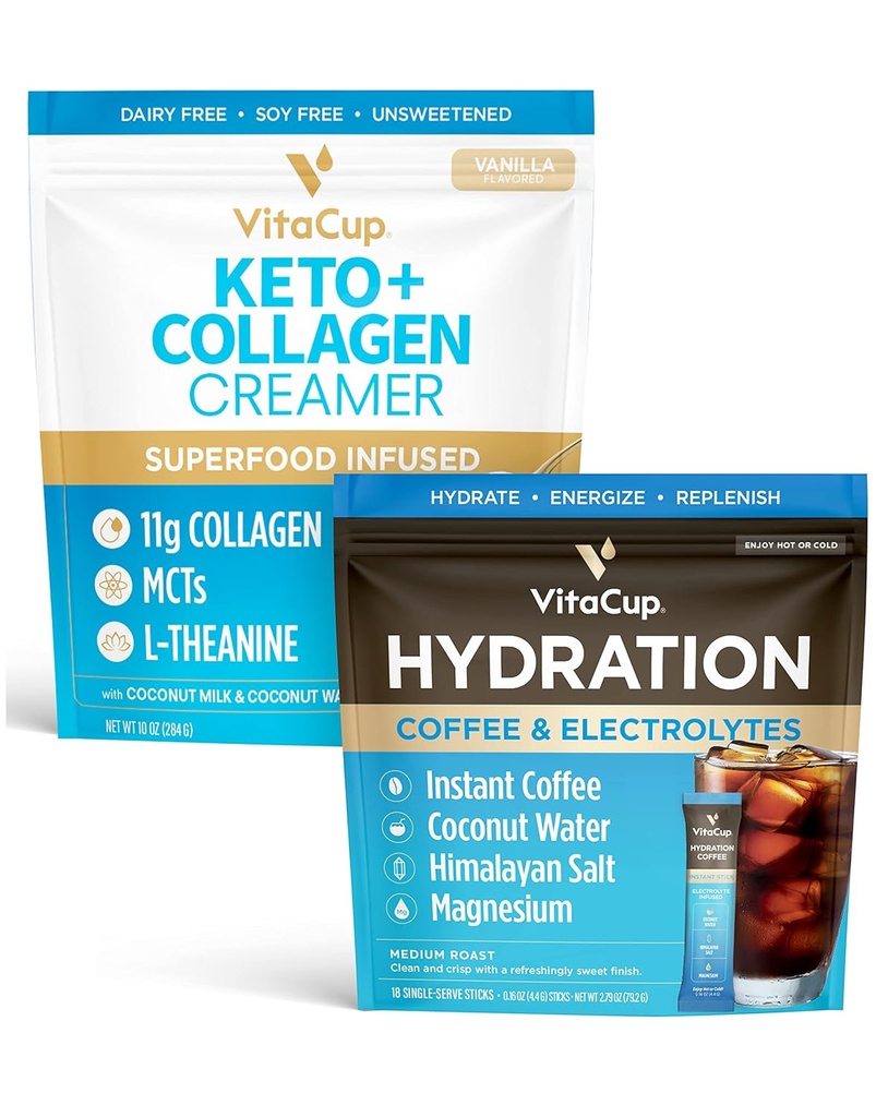 VitaCup Hydration Instant Coffee Sticks w/Electrolytes, Coconut Water, Medium Roast 18ct & Keto + Collagen Vanilla Coffee Creamer w/Superfoods & MCTs, 10 ozz