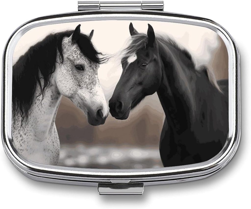 Siyah ve Beyaz Atlar Meydanı Pill Box, Pocket Or Purse Portatif Mini Seyahat Tıp Tablet Vitaminleri Organize Pill Vakası için 2 Karşılaştırmalı Dekoratif Pocket Pill Box