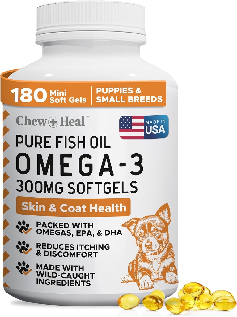 Vahşi Caught Omega 3 Balık Yağı Köpekler için - 180 Softgel Capsules for Health Skin and Coat - 300 mg Mini Köpek Balık Yağ Pills for Shedding, Kuru Itching Skin ve Hot Spots - Pet Omega Salmon Supplement