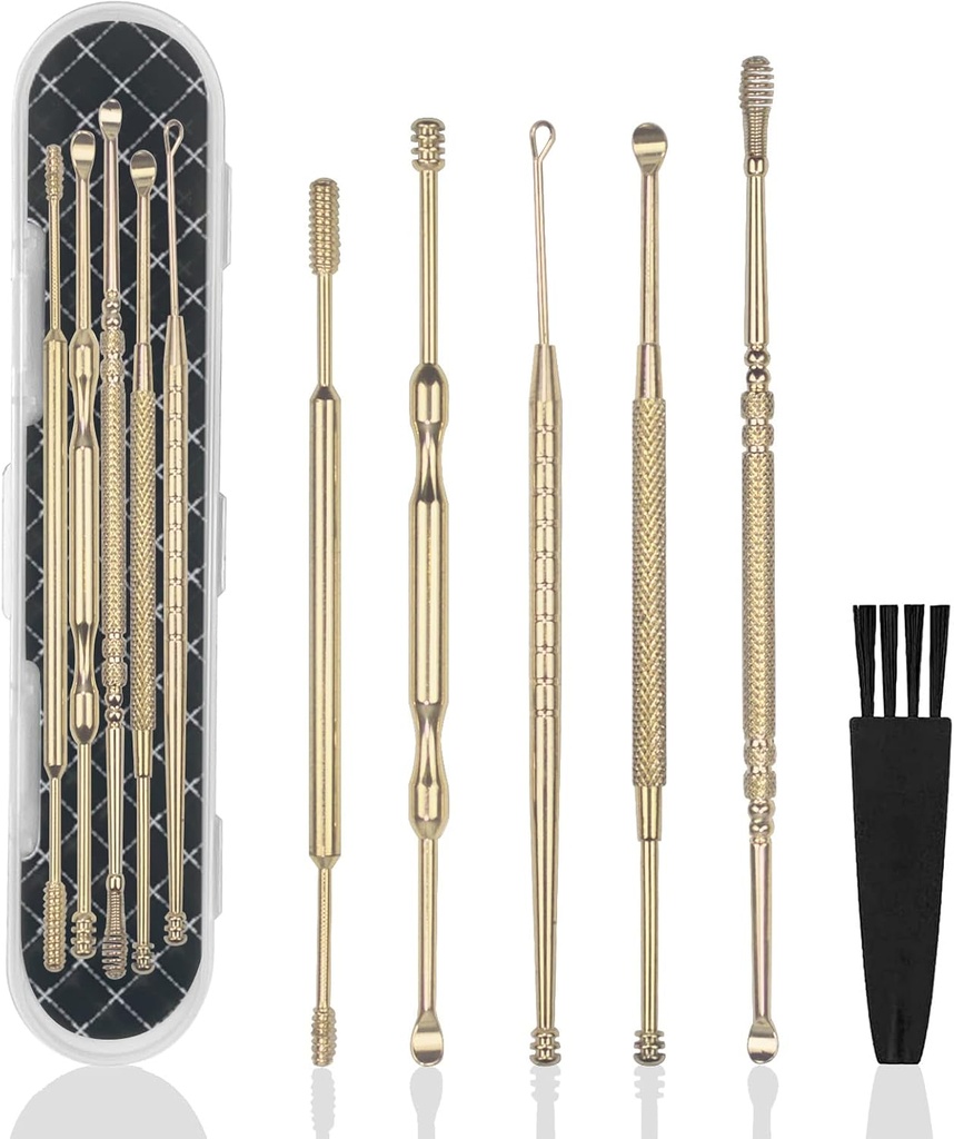 Hion 6 Apples Extended Ear Wax Removal Kit,Professional Double-Headed Ear Pick Earwax Removal Tools,316L paslanmaz Steel Ear temizleyici Curette with Clean and Storage Box,Suit for Kid Adult(Gold)