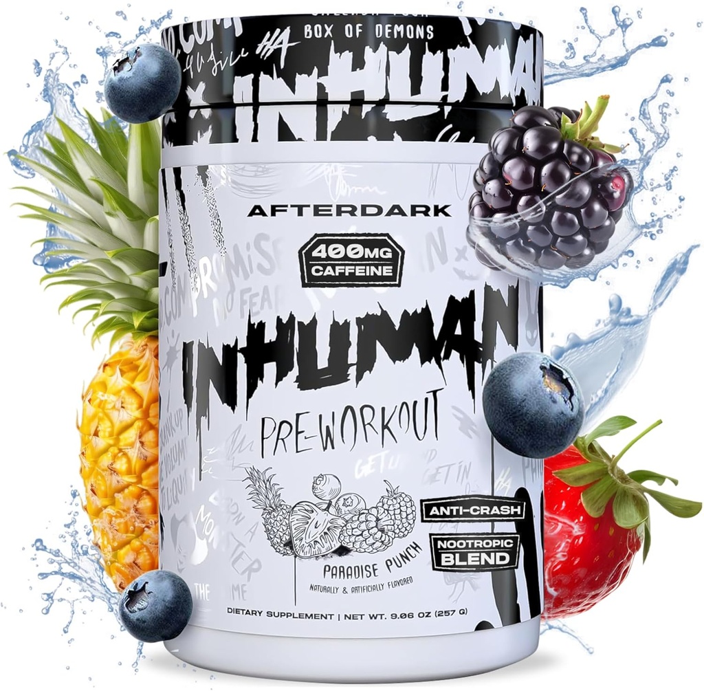 afterDARK INHUMAN πριν από την προπόνηση σε σκόνη, Ενισχυμένη σύνδεση νου-μουσουλμάνου, Παρατεταμένη ενέργεια, ισχυρό Nootropic Blend, Vegan, χωρίς γλουτένη, χωρίς σόγια, 400mg καφεΐνη, χωρίς συντριβή, Paradise Punch