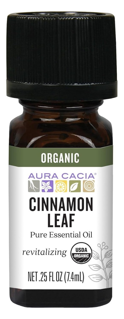 Αιθέριο έλαιο φύλλων Aura Cacia βιολογικής κανέλας, 0,25 ουγγιά