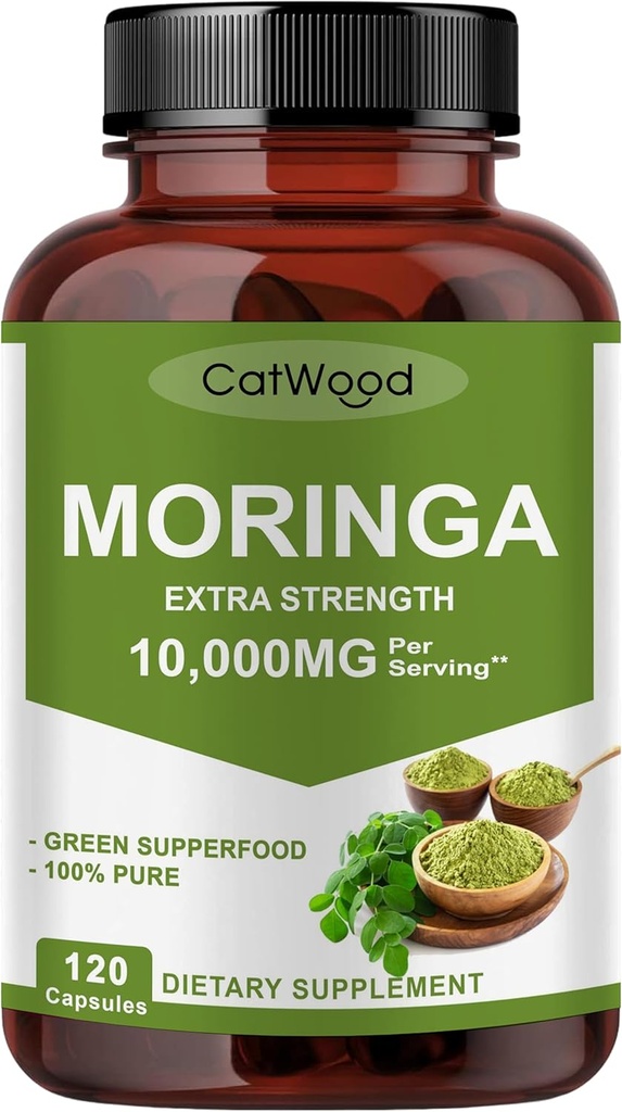 Moringa Supplement 10.000 mg per Service,% 100 Moringa Toz Organik, Moringa Capsules Organik, Non-GMO, Gluten Free, 120 Capsules