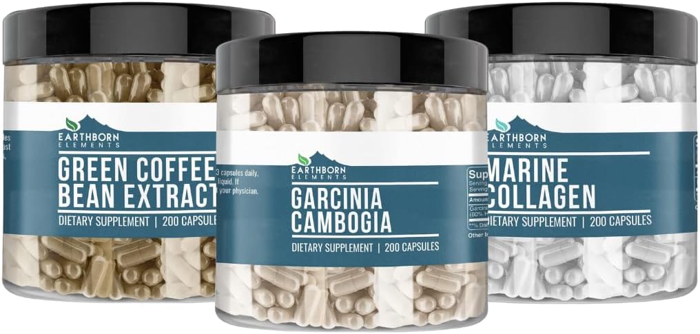 Earthborn Στοιχεία Garcinia Cambogia, Πράσινο Coffee Bean, & Marine Collagen Bundle (200 κάψουλες το καθένα), καθαρό & μη αραιωμένο, χωρίς πρόσθετα