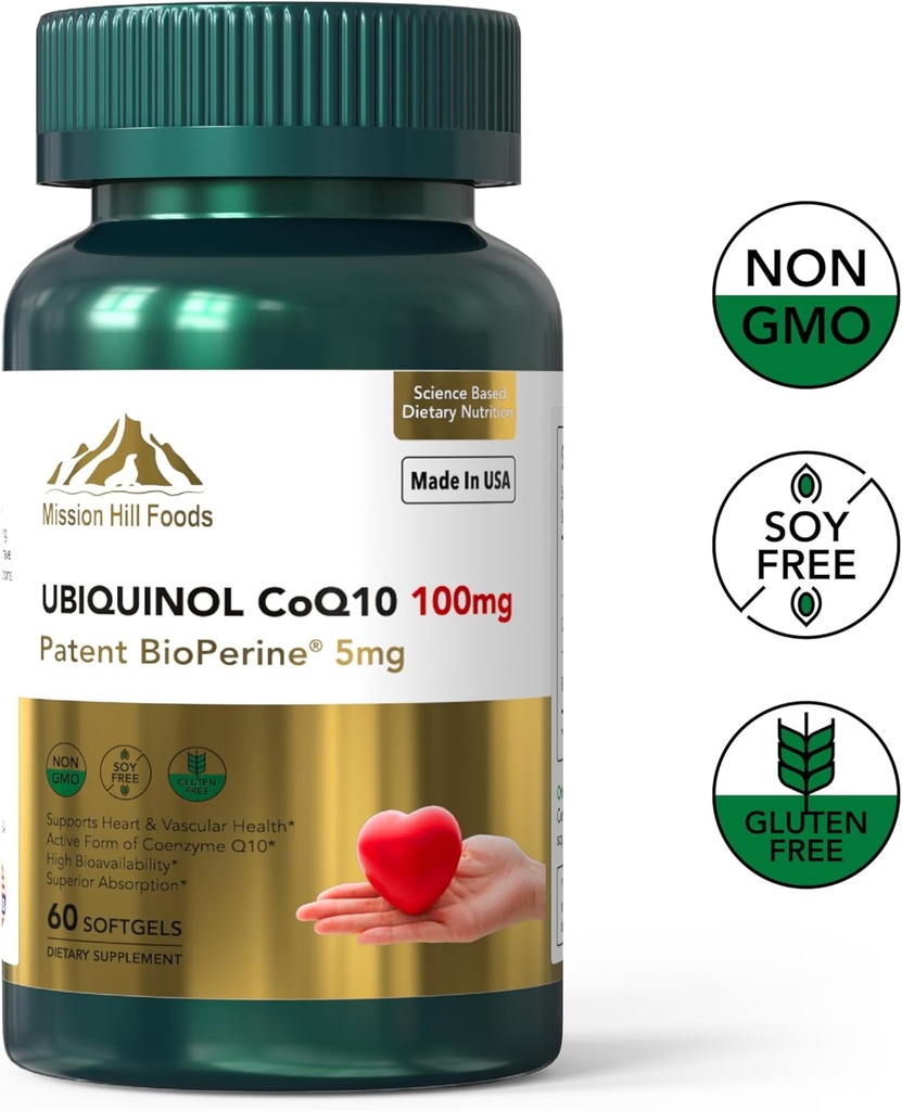 Premium Ubiquinol CoQ10 + BioPerine (100 mg) | Kalp Sağlığı için Antioksit ( Şişe-60 Softgels-2mo Supply) | Yüksek Aborpsiyon Kalp ve Vascular Vitaminler | Non-GMO & Gluten Free