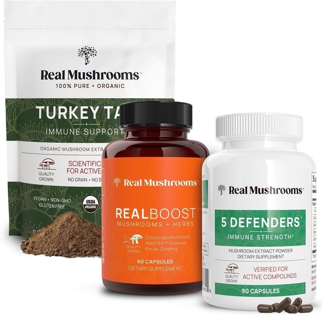 Real Mushrooms RealBoost (60ct), 5 Defender (90ct) & Türkiye Tail Mushroom Toz & Capsules Sche - Enerji için Mushroom Supplement, Vitality & Immune Strength - Vegan, Non-GMO