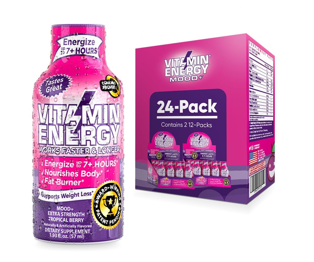 Energy Mood+ Energy Shot – Tropikal Berry – %100 DV B-Vitamins & 260 mg Plant-Based Caffeine – Zero Calories, Sugar-Free, Vegan, Non-GMO – Mood & Energy Support – 1.93 fl oz, 24Pack