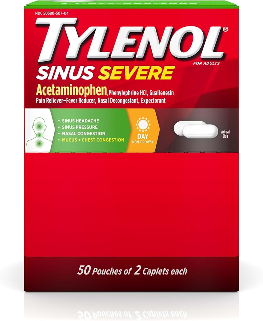 Tylenol Sinus Severe Daytime Caplets with Acetaminophen 325 mg, Guaifenesin 200 mg & Phenyleph HCl 5 mg, Non-Drowsy Pain Reliever, Waitorant & Nasal Decongestant, 50 Seyahat Paketi