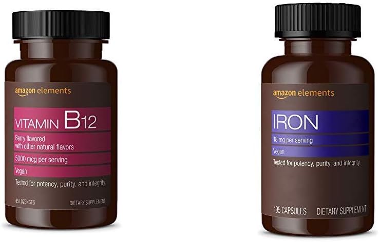 Elements B12 Mecobalamin 5000 mcg Berry Flavored Lozenges ve Elements Iron 18 mg Capsules