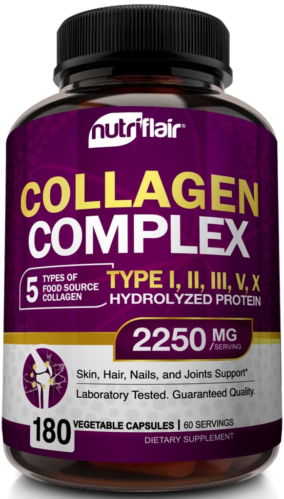 NutriFlair Multi Collagen, 2250 mg - Tip I, II, III, V, X - Kolajn Supplements Kompleks Toz Pills for Women and Men - Hydrolyzed Protein, Sağlıklı Saç, Skin, Nails - Non-GMO (180 Capsules)