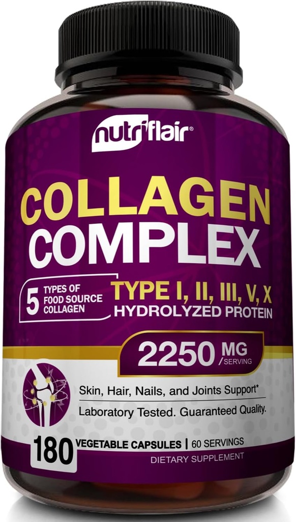 NutriFlair Multi Collagen, 2250 mg - Tip I, II, III, V, X - Kolajn Supplements Kompleks Toz Pills for Women and Men - Hydrolyzed Protein, Sağlıklı Saç, Skin, Nails - Non-GMO (180 Capsules)