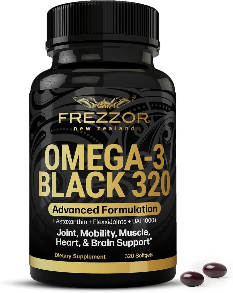 FREZZOR Omega 3 Black - Green Lipped Mussel Oil Capsules, Made in New Zealand, UAF1000+, Joint Care & Relief, Heart & Immune Support, No Fishy Aftertaste, 320 Count (Pack of 1)