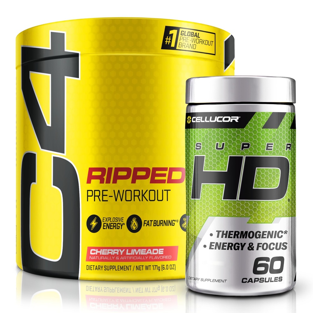 C4 Ripped & SuperHD, The Thermogenic Sche, C4 Ripped Pre Workout Toz, Cherry Limeade 30 Services + SuperHD with Capsimax and Green Tea Extract, 60 Servisler