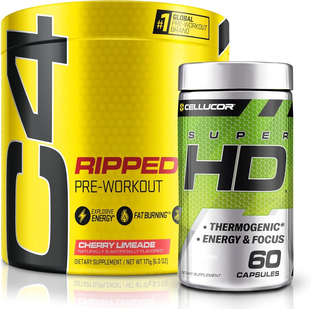 C4 Ripped & SuperHD, The Thermogenic Sche, C4 Ripped Pre Workout Toz, Cherry Limeade 30 Services + SuperHD with Capsimax and Green Tea Extract, 60 Servisler