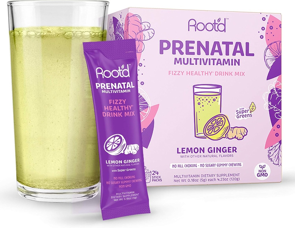 Köklü - Toz Prenatal Vitamini - 25 Vitamin ve Mineral A, C, D, E, B12, B6, K, Iron, Folate, Probiyotikler, Organik Süper Yeşiller | Lemon Ginger | 24 Effervescent Stick Packs