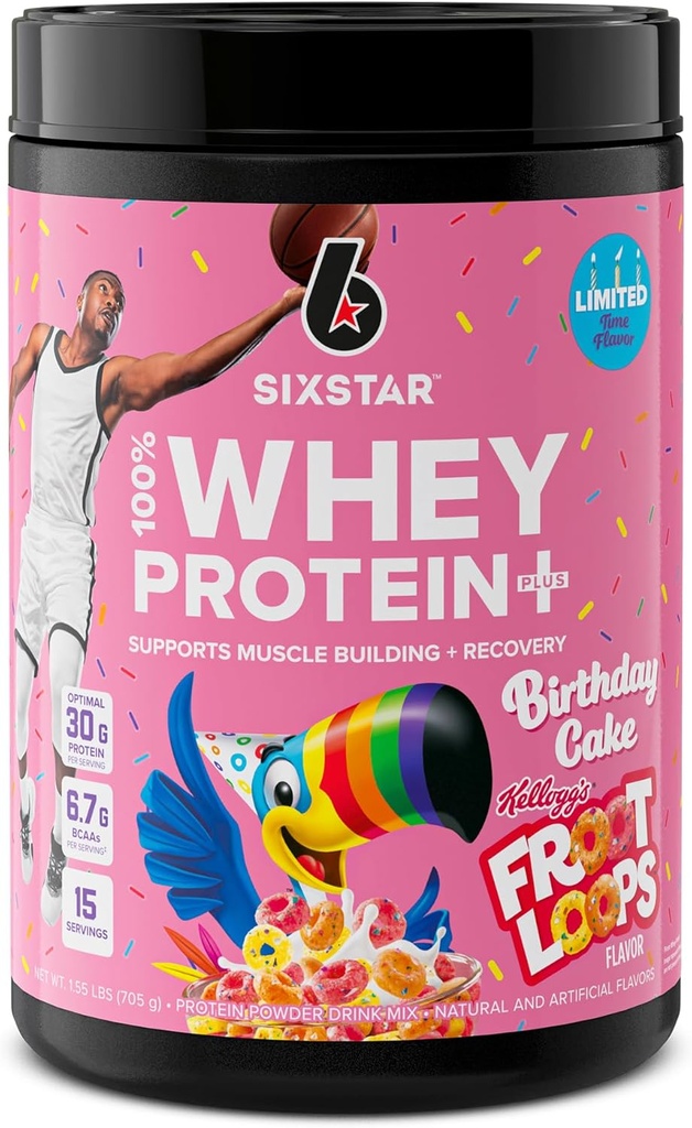 Six Star Whey Protein Toz Plus | Muscle Building & Recovery Plus Immune Support | Men & Women | Kellogg's Froot Rings Doğum Günü Kek Flavor | 1.5lb