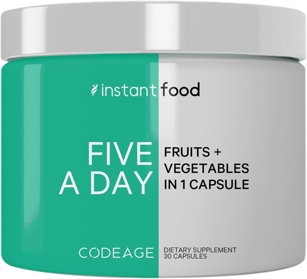 Codeage 5 Servings of Fruits & Veggies Equivalent in 1 Single Capsule - Whole Food Instantfood with 15 Greens & Fruits in All-in-One Pill, Eat Vegetables - Vegan Vitamins Supplement - Non-GMO - 30 ct