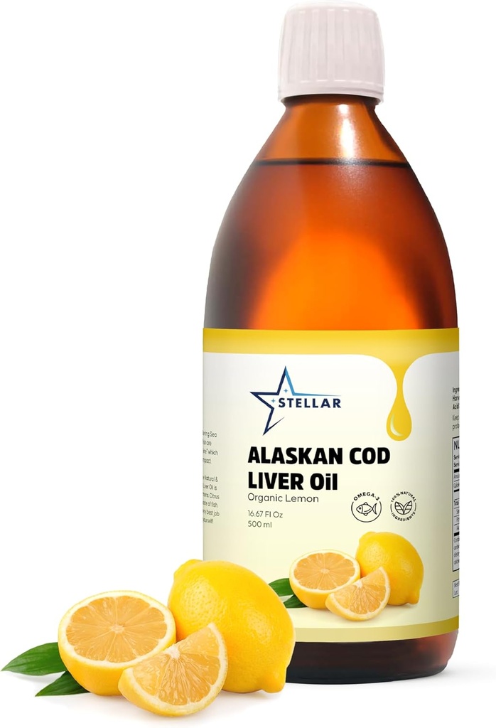 Stellar Alaskan Cod Liver Oil - Organik Limon, 16.67 oz | ABD'de Vahşi-Caught | Omega-3 DHA/EPA & Vitamin D | Non-GMO sertifikalı | Destekler Kalp, Beyin & Immune Health