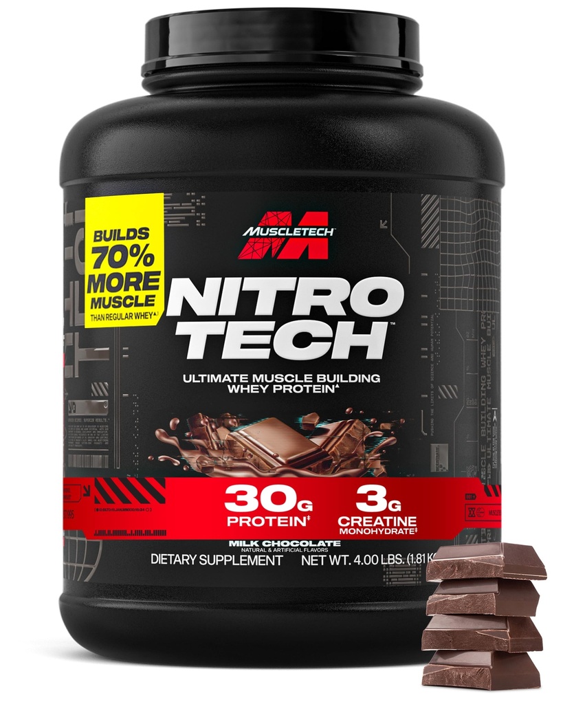 Muscletech Whey Protein Powder (Σοκολάτα γάλακτος, 4 Λίρες) - Nitro-Tech Ultimate Muscle Building Formula with Whey Protein Isolate - 30g πρωτεΐνη, 3g Creatine & 6,8g BCAA - Συσκευασία Μαΐου Vary