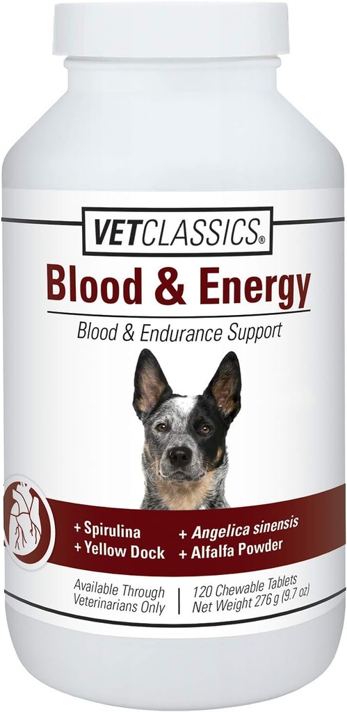 Vet Classics Blood & Energy Support for Dogs, υποστηρίζει την αντοχή με Spirulina, Κίτρινη προβλήτα, & Alfalfa Υποστήριξη Σχηματισμός Αιμοσφαιρίνης και Μυοσφαιρίνης, 120 Μασώμενα δισκία
