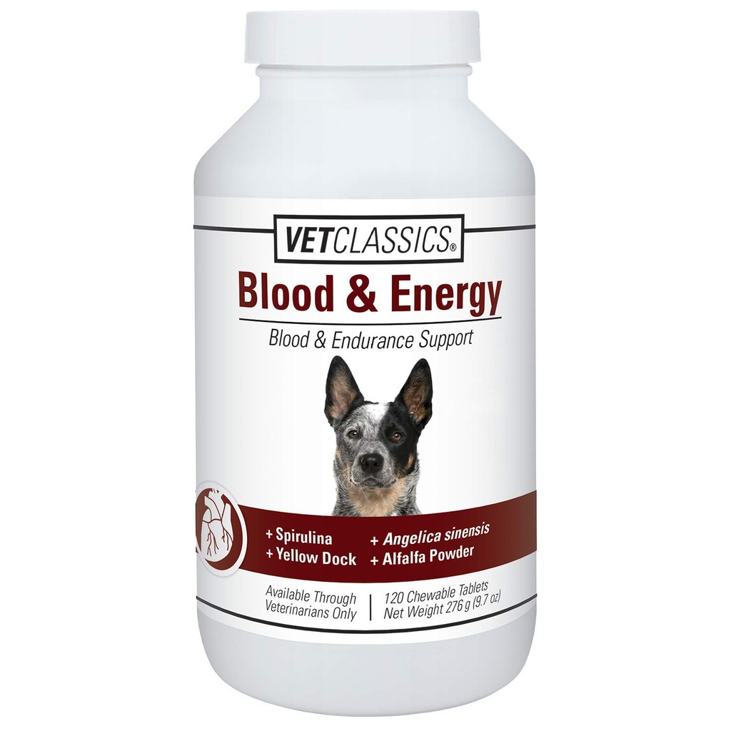Vet Classics Blood & Energy Support for Dogs, Supports Endurance with Spirulina, Sarı Dock, & Alfalfa Support Formation of Hemoglobin and Myoglobin, 120 Chewable Tabletler