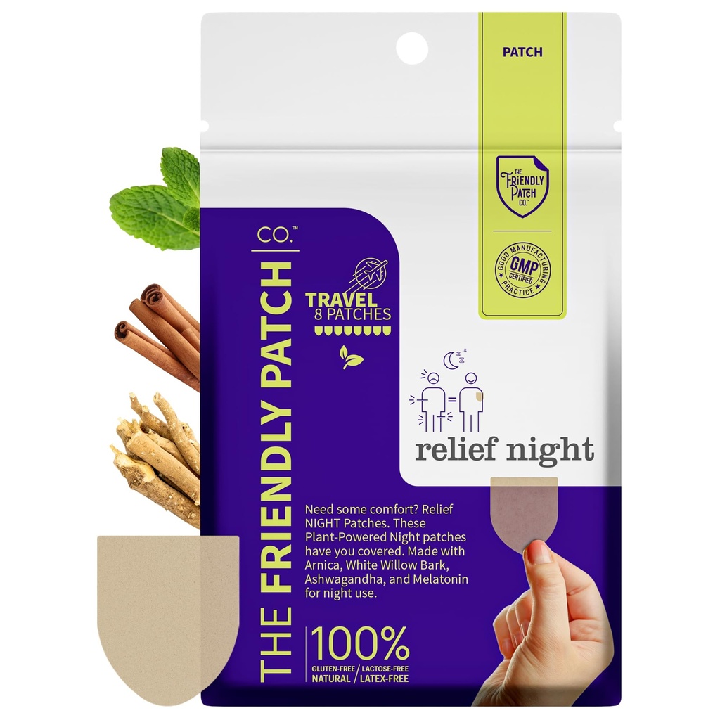 Relief Night Patch - 8 Pack Arnica, White Willow Bark, Melatonin, Kadınlar ve Erkekler için uyku yamaları için Soreness için Ashwagandha