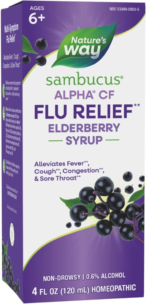 Nature's Way Sambucus Alpha CF Flu Relief* Syrup Elderberry με Sambucus nigra 3X και Alpha CF, Ανακουφίζει τα συμπτώματα της γρίπης*, 4 Fl Oz (Packaging May Vary)