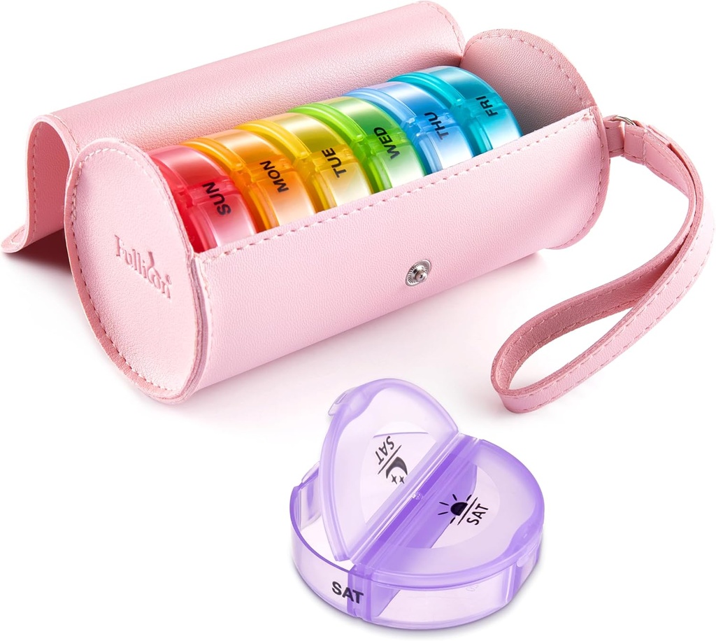 Fullicon PU Case Weekly Pill Box Organiser 2 Times A Day, Travel 7 Day Pill Box, Tıp için Portatif Tablet Organiseri, İlaçlar, Vitamin, Fish Oil Supplements (Pink/Rainbow)