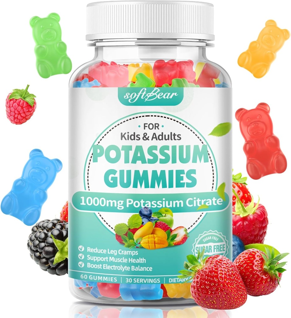 softbear Potassium Citrate Gummies, High Potency Potassium Citrate 1000mg Supports Leg Cramps & Muscle Health Potassium Gummies for Adults & Kids Mixed Fruit Flavor 60 Count