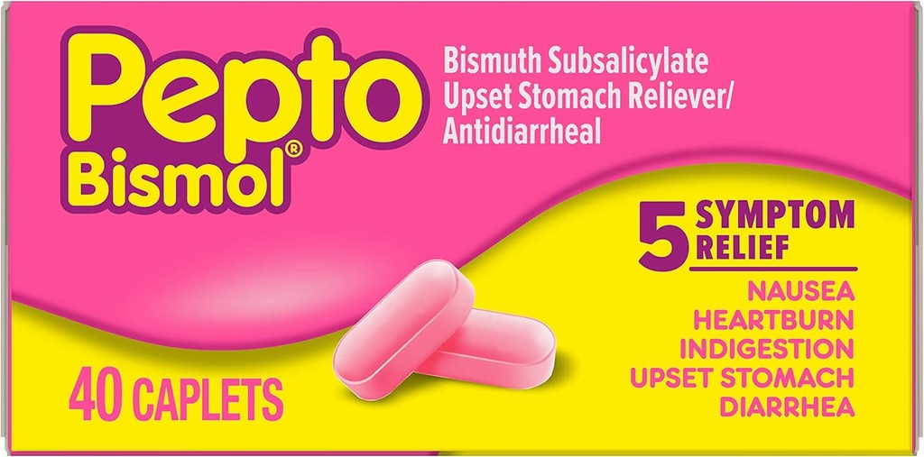 Pepto Bismol Caplets for Nausea, Heartburn, Indigestion, Upset Stomach ve Diarrhea, 5 Symptom Fast Relief in a Form, 40 ct