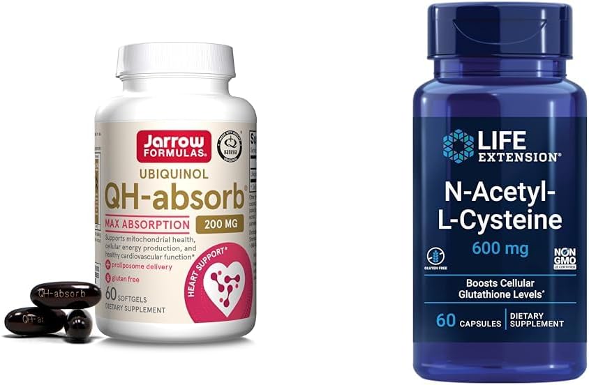 Jarrow Formulas QH-Absorb 200 mg - Yüksek Abhidrasyon Co-Q10 - Aktif Antioksit Form of Co-Q10 & Life Extension N-Acetyl-L-Cysteine (NAC), Immune, Respiratory, Liver Health, NAC 600 mg