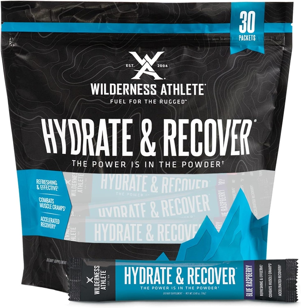 Wilderness Athlete - Hydrate & Recover | Sıvı Hydration Packets Electrolyte Drink Mix - Recover Faster with Bcaas - 30 Single Service Hydrate Packets (Mavi Raspberry)
