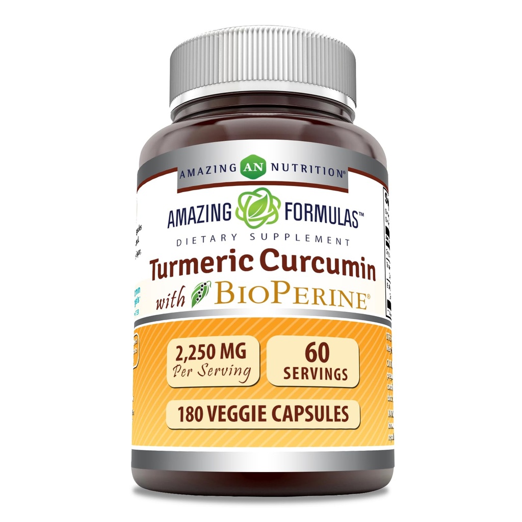 Amazing Formulas Turmeric Curcumin with Bioperine Supplement | 2250 Mg per Service | Veggie Capsules | Non-GMO | Gluten-Free | Made in USA (1 Pack, 180 Count)