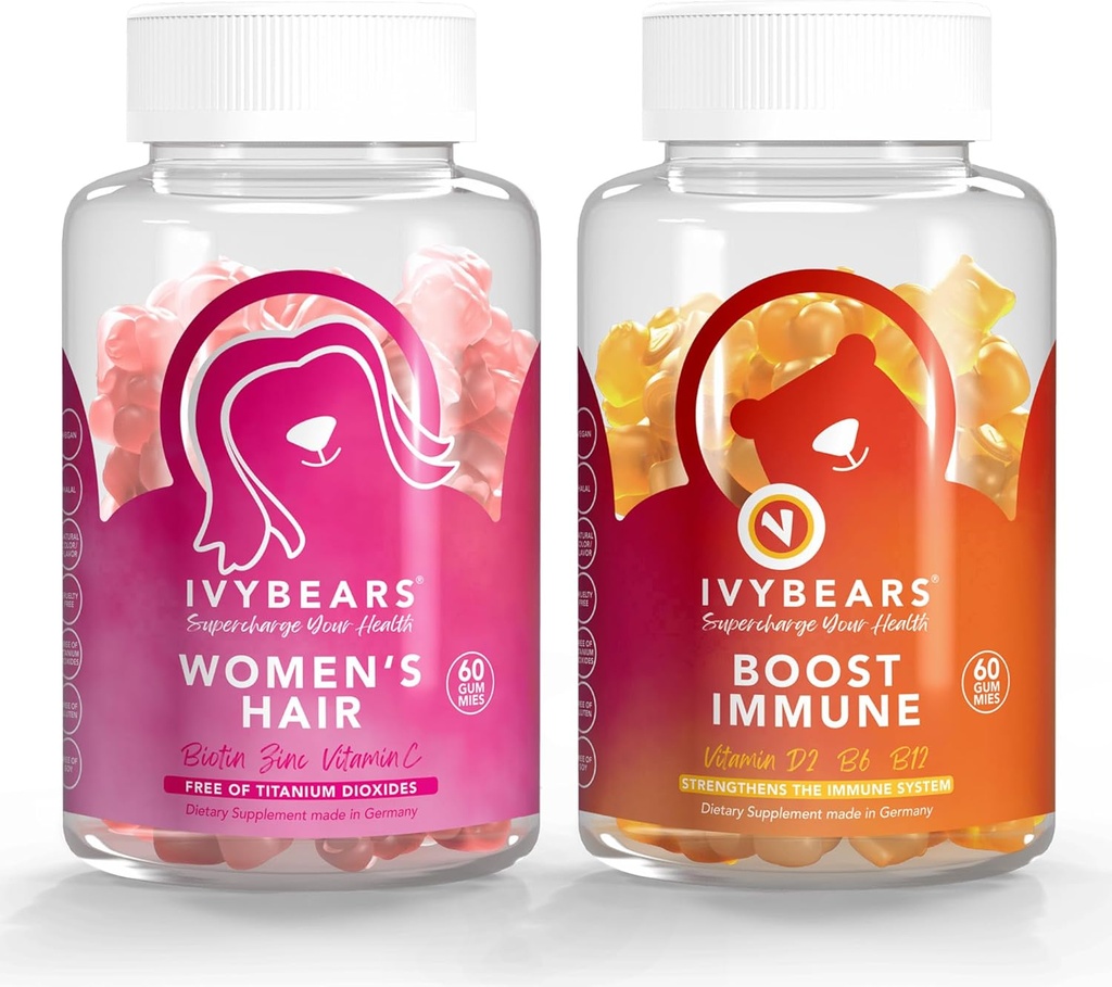 IvyBears® Γυναικείο δέμα στήριξης για τα μαλλιά και το ανοσοποιητικό – Biotin Hair Growth Gummies + Daily Immune Gummies with Vitamin C, D, Zinc – Vegan, 2-Pack