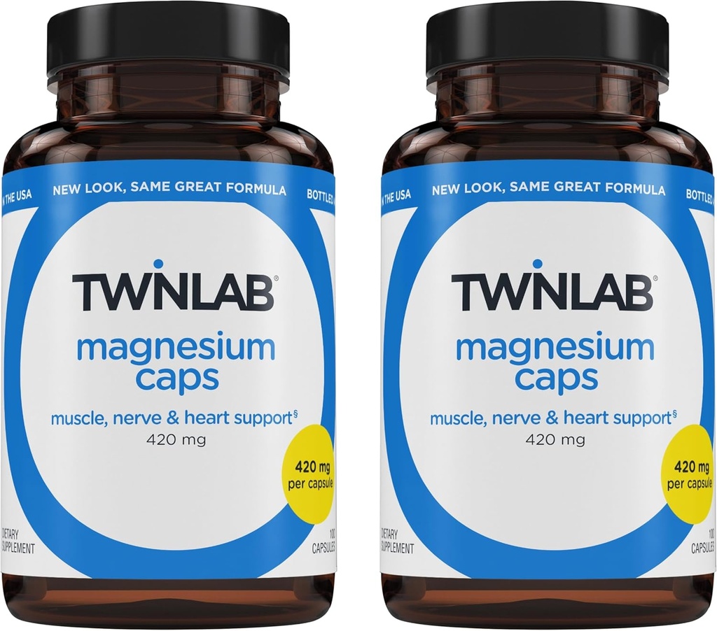 Twinlab Καπάκια Μαγνησίου - Υψηλή Απορρόφηση Συμπλήρωμα Μαγνησίου για ανάγλυφο των ποδιών - Κάψουλες Μαγνησίου για ανακούφιση από το στρες, 420 mg, 100 Count, 2 Pack