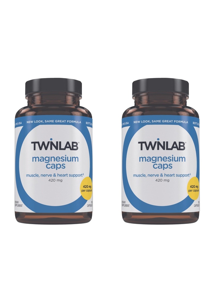 Twinlab Caps - Yüksek Aborps Ölçümü Leg Cramps Relief - Magnezyum Capsules for Stress Relief, 420 mg, 100 Count, 2 Pack