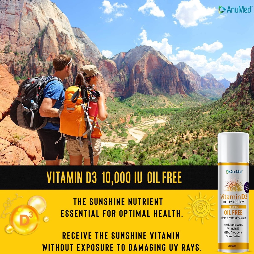 AnuMed Vitamin D3 10.000 IU Oil-Free Cream with Magnezyum + Hyaluronic Acid, Kuru Skin için E. Moisturizing Krem, Non-GMO, 100% Vegan, Gluten-Free (3oz)