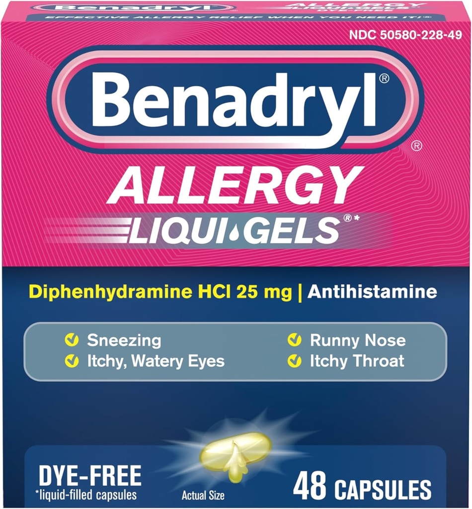 Benadryl Liqui- Gels Αντιισταμινική Αλλεργία Ιατρική & Ψυχρό Συμπτώματα Ανακούφιση, Βαφή- Δωρεάν Υγρά Τζελ με 25 mg διφαινυδραμίνη HCl για συμπτώματα όπως, Runny μύτη, Φτάρνισμα & More, 48 ct