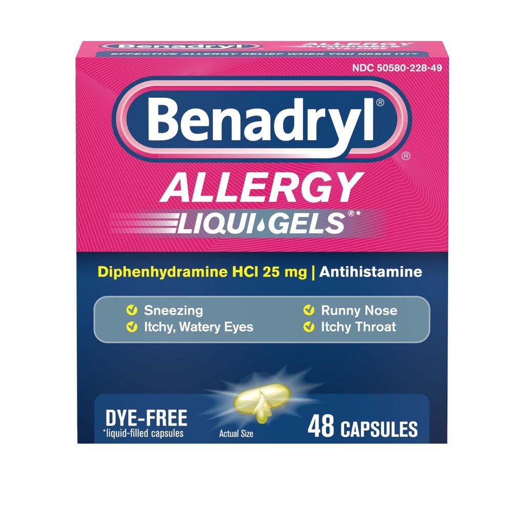 Benadryl Liqui-Gels Antihistamin Alerji Hekimliği ve Soğuk Symptom Relief, Dye-Free Liquid Gels 25 mg of Diphenhydramine HCl for Sneezing & More, 48 ct