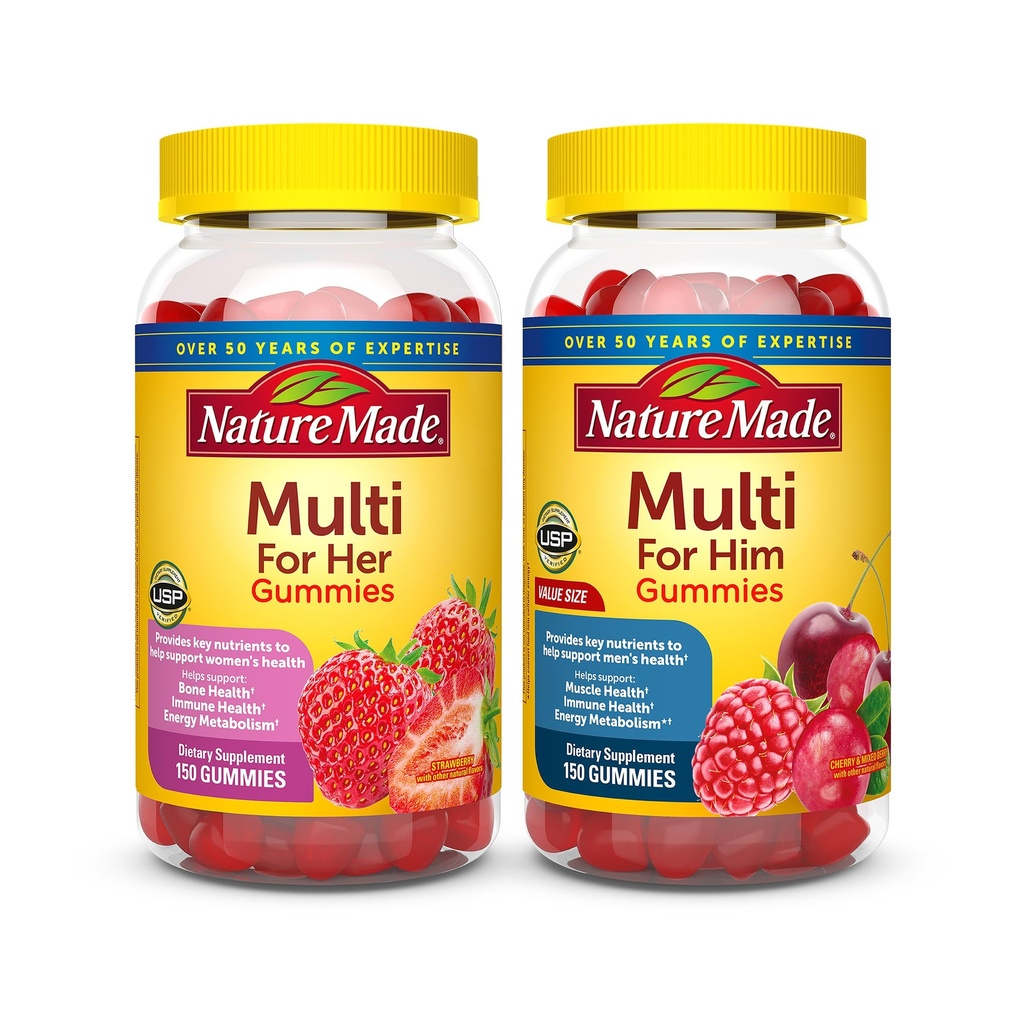 Nature Made Multivitamin Gummies Combo Pack for Him & Her, Tasty Men & Womens Multivitamin with Vitamin C, Vitamin D3, B Vitaminleri, çinko & More, Two Multivitamin Şişeleri