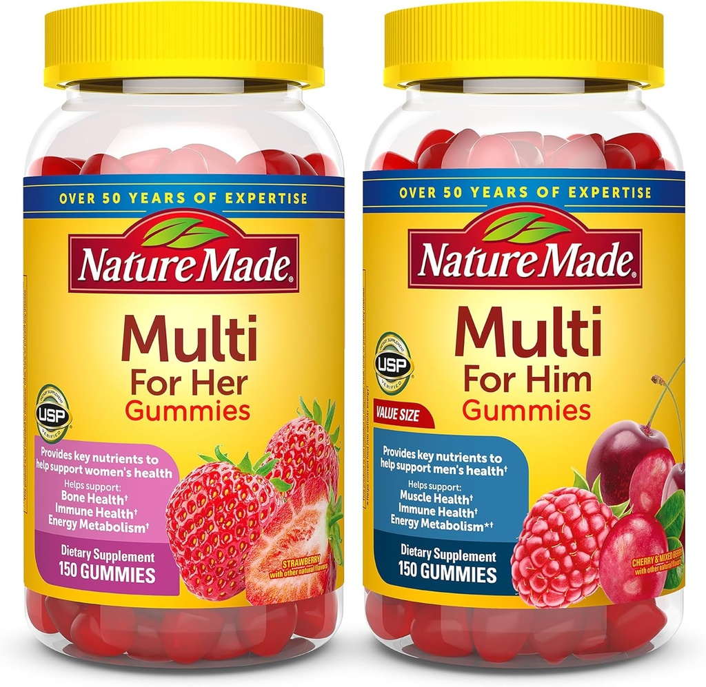 Nature Made Multivitamin Gummies Combo Pack for Him & Her, Tasty Men & Womens Multivitamin with Vitamin C, Vitamin D3, B Vitaminleri, çinko & More, Two Multivitamin Şişeleri