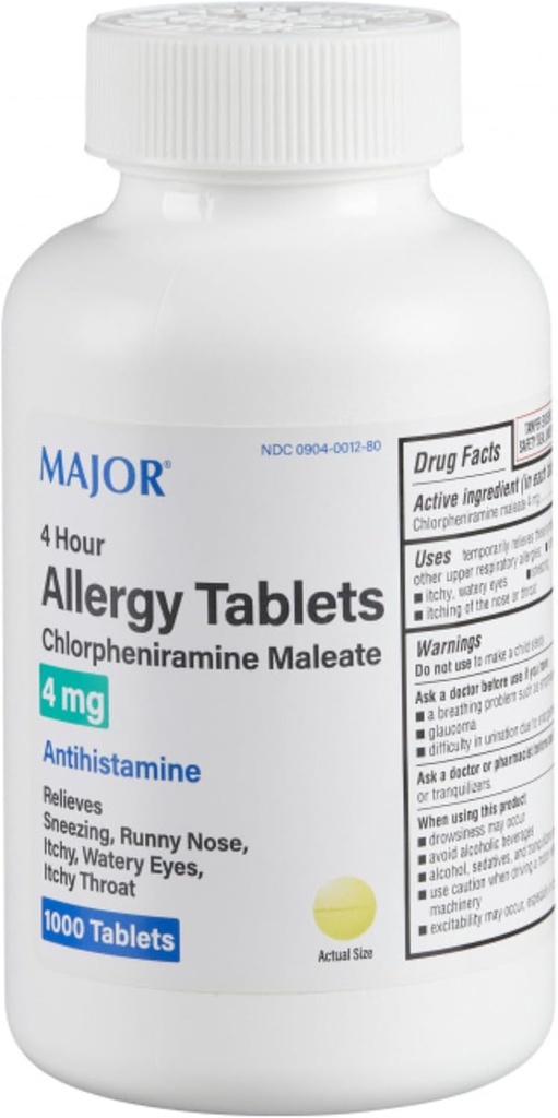 MAJOR 4 Ωριαία Αλλεργία Δισκία - Chlorpheniramine Maleate - 4 mg - Αντιισταμινικό - 1000 Count
